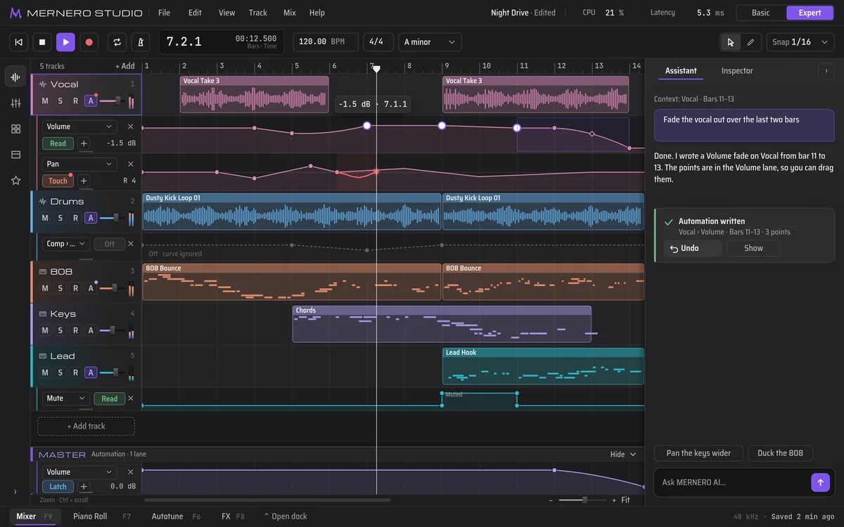 MerneroStudio with the Assistant panel open. The request reads: fade the vocal out over the last two bars. MERNERO AI answers that it wrote a volume fade on the Vocal track from bar 11 to 13 and shows Automation written, with Undo and Show buttons.