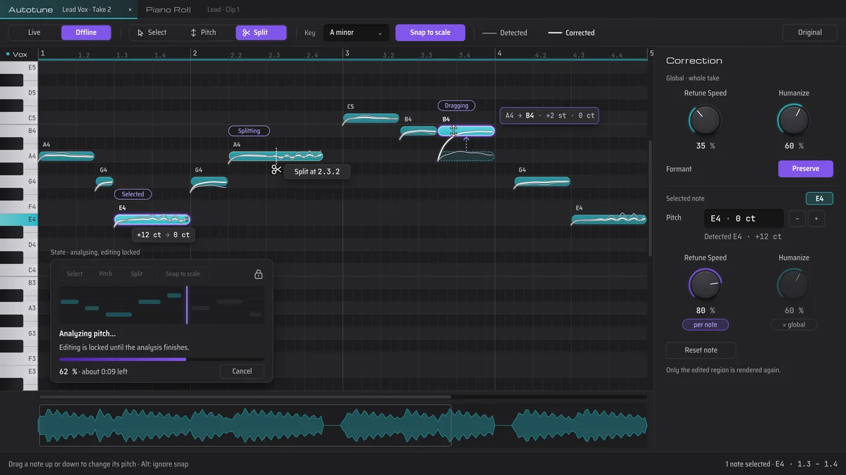 Autotune in Offline mode. Notes from a vocal take sit on a piano-roll grid; one note is dragged from A4 to B4 and another is split. The Correction panel shows Retune Speed and Humanize for the whole take and for the selected note.