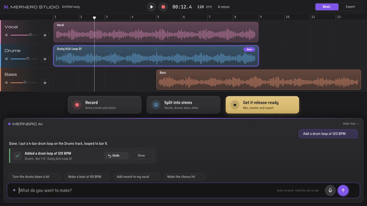 Basic mode: three tracks (Vocal, Drums, Bass), three large buttons (Record, Split into stems, Get it release-ready) and the MERNERO AI chat, where a drum loop at 120 BPM was just added, with an Undo button.