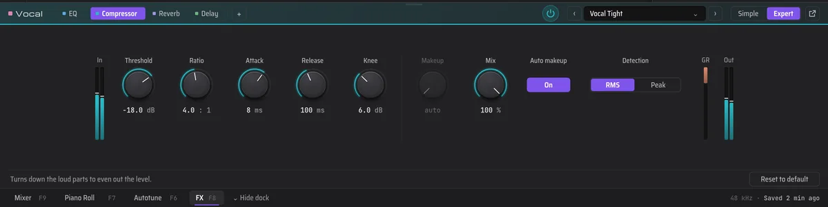 FX dock under the timeline with the Compressor open on the Vocal track: threshold, ratio, attack, release, knee and mix knobs, auto makeup on, RMS detection, and a Simple and Expert switch.
