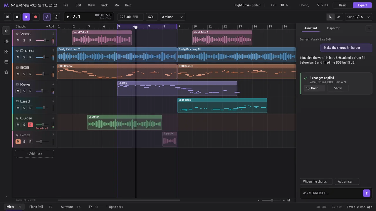 MerneroStudio main window in Expert mode: seven tracks on the timeline, including vocal takes, drums, 808 and keys, with the Assistant panel on the right.